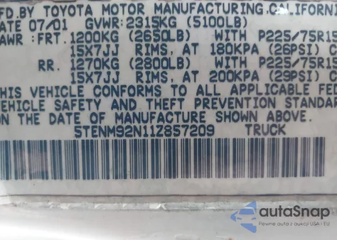 2001 Toyota Tacoma Prerunner z USA, uszkodzony, nr VIN 5TENM92N11Z857209